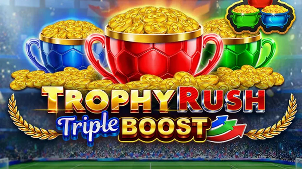 Interface do jogo Trophy Rush Triple Boost com moedas douradas e rolos girando