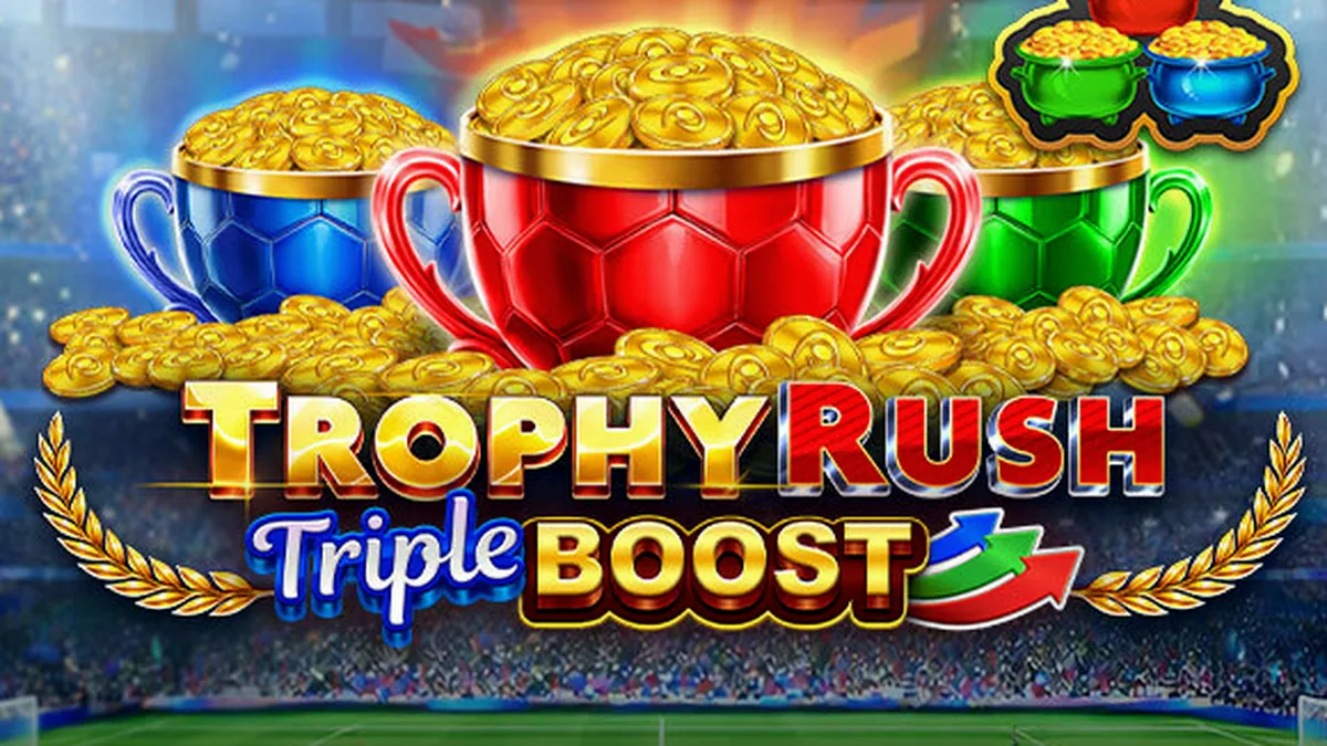 Interface do jogo Trophy Rush Triple Boost com moedas douradas e rolos girando