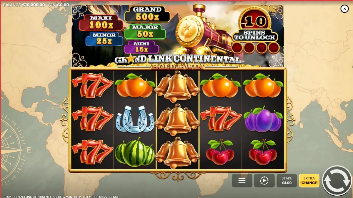 Locomotiva vintage e símbolos clássicos de cassino no Grand Link Continental: Hold & Win