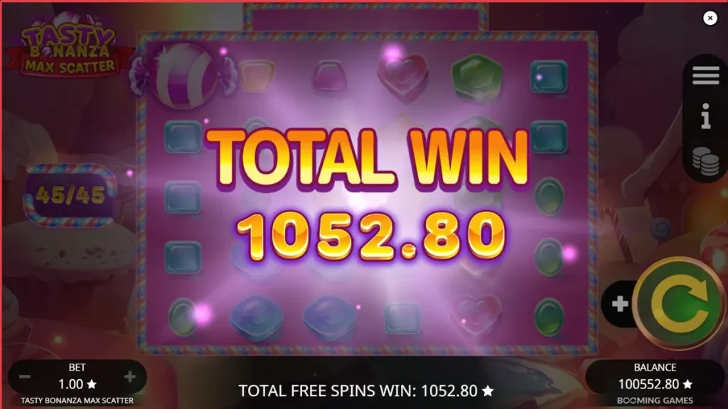 Interface vibrante e colorida do slot Tasty Bonanza Max Scatter com doces e guloseimas.