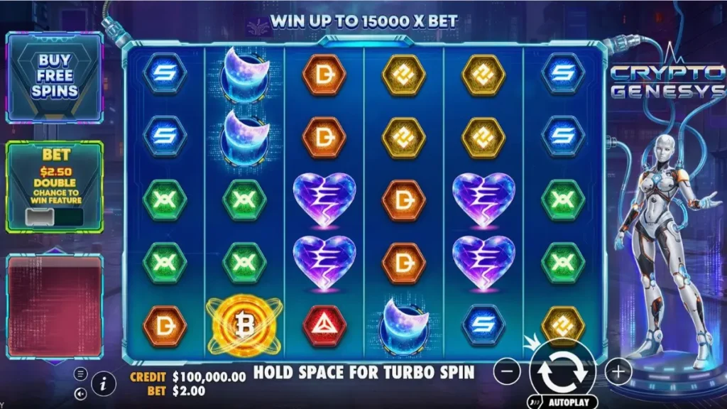 Interface futurista e neon do jogo de slot Crypto Genesys