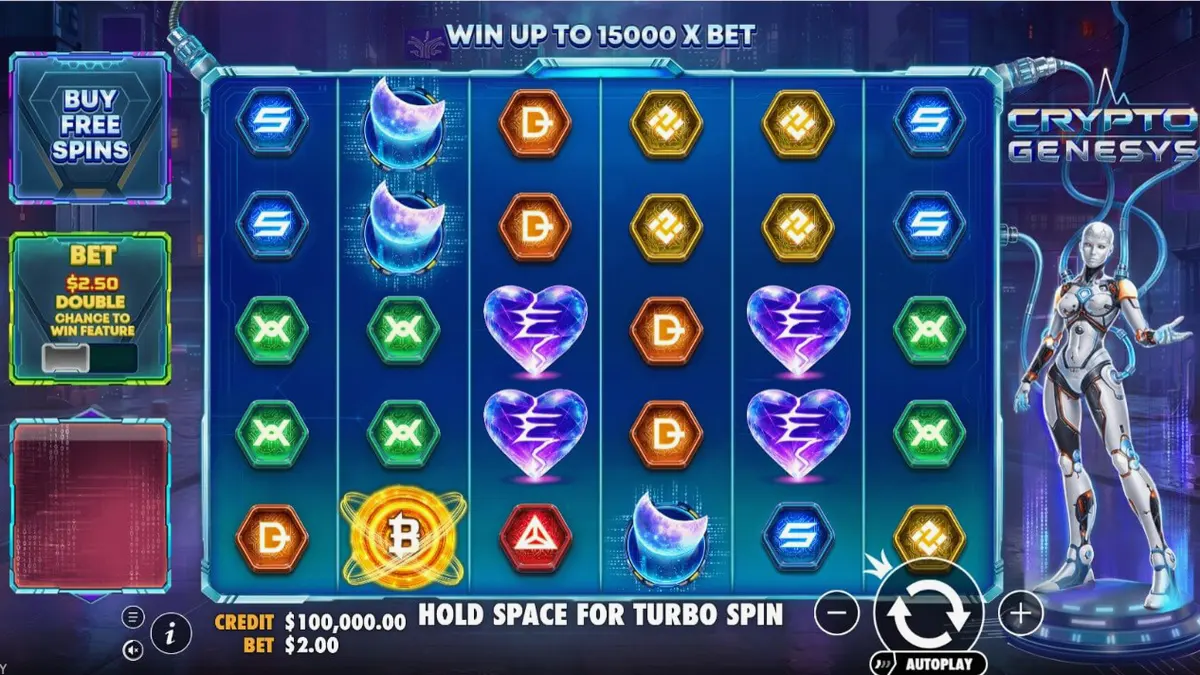 Interface futurista e neon do jogo de slot Crypto Genesys